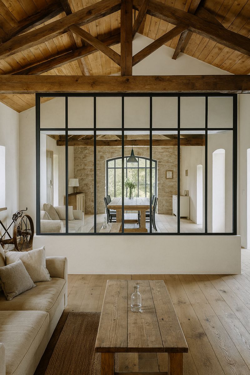 Châssis vitré métallique sur mesure au design de verrière industrielle type atelier, séparation de pièce toute hauteur entre salle à manger et salon à Cabriès (Bouches-du-Rhône), ferronnerie et métallerie FIMSAI