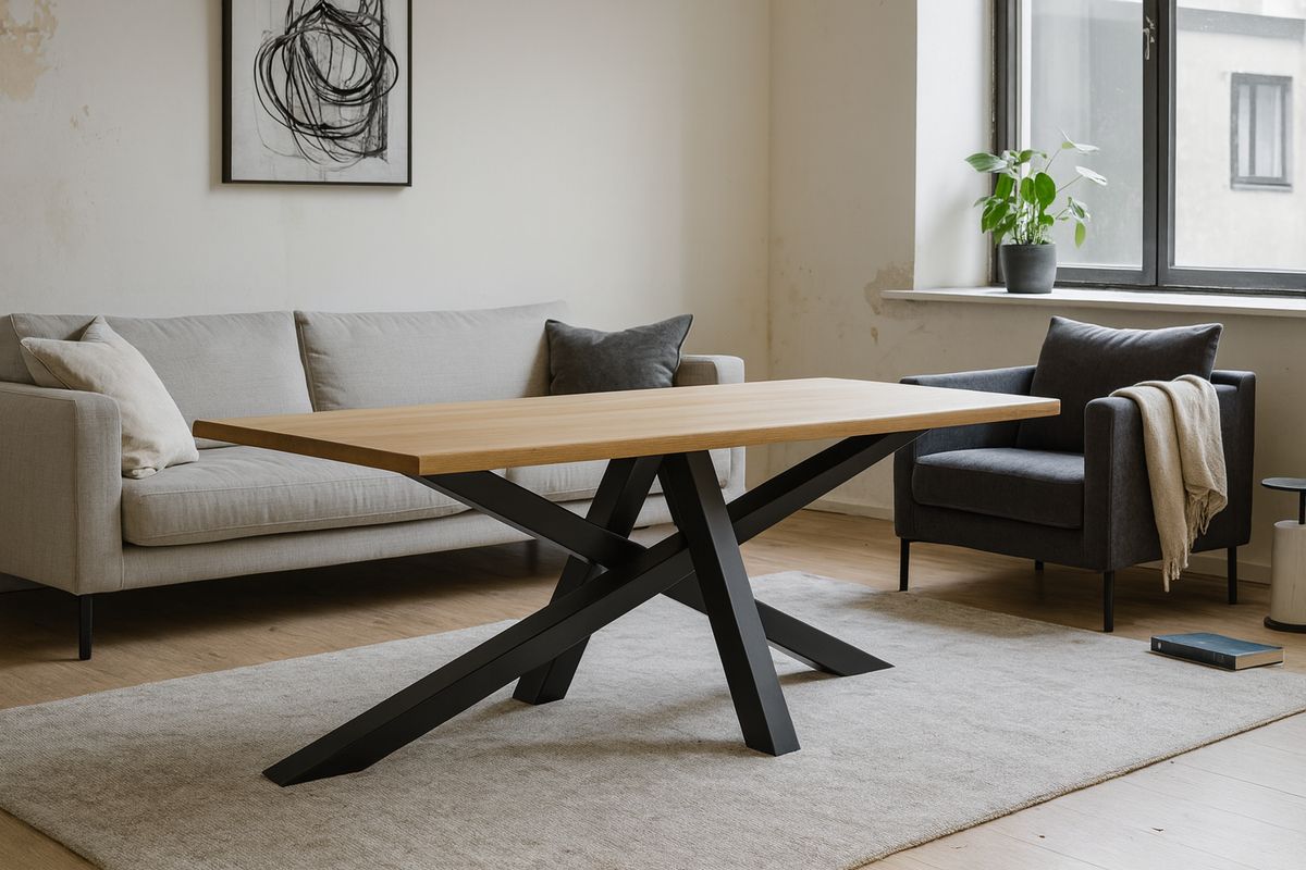 Pied de table industriel sur mesure en acier au design moderne et original, tube métallique avec plateau en chêne à Saint-Pierre, quartier de Martigues, ferronnerie et métallerie FIMSAI