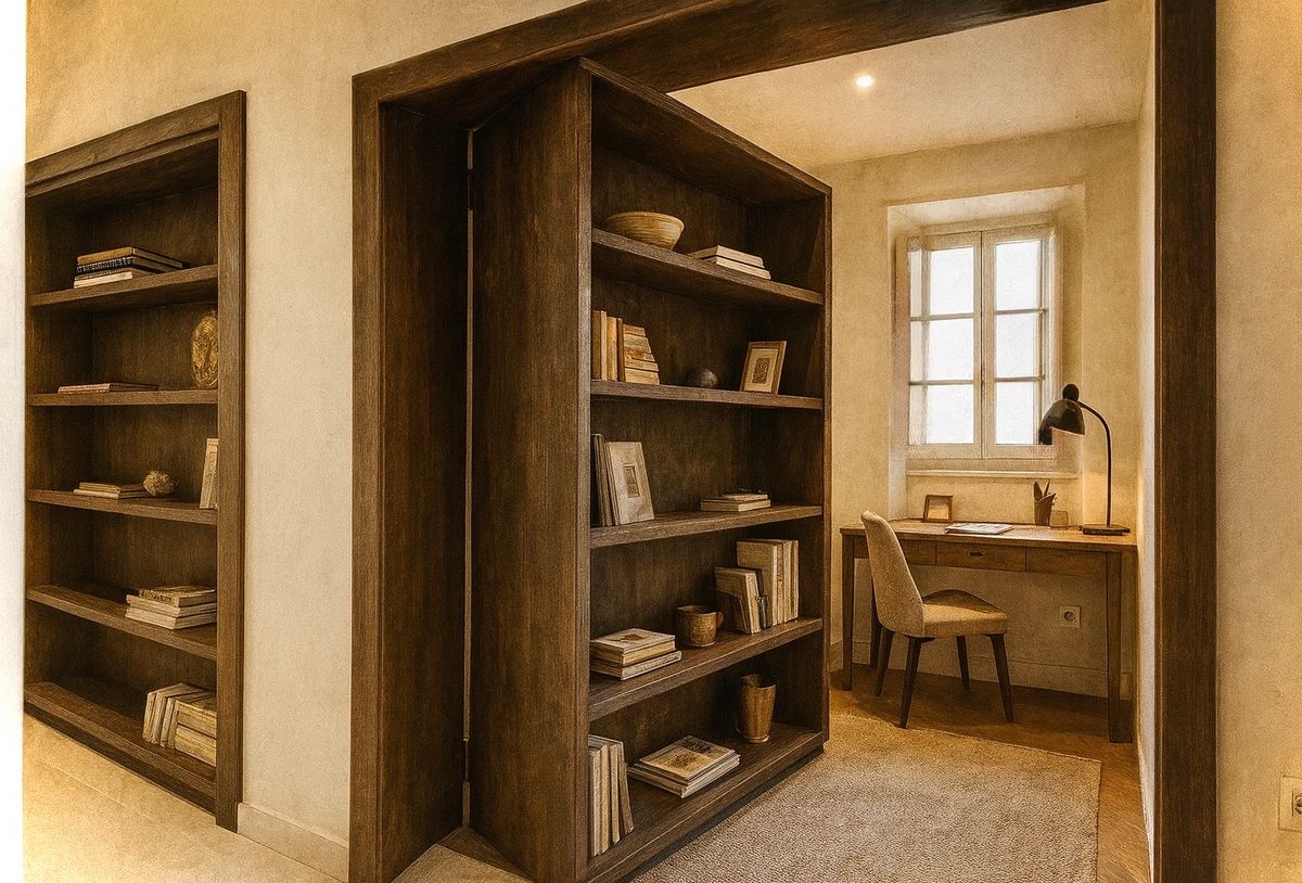 Porte dérobée invisible et secrète sur mesure en bois au design moderne, porte dissimulée intégrée à une bibliothèque pour pièce cachée ou panic room à Saint-Mitre-les-Remparts, FIMSAI