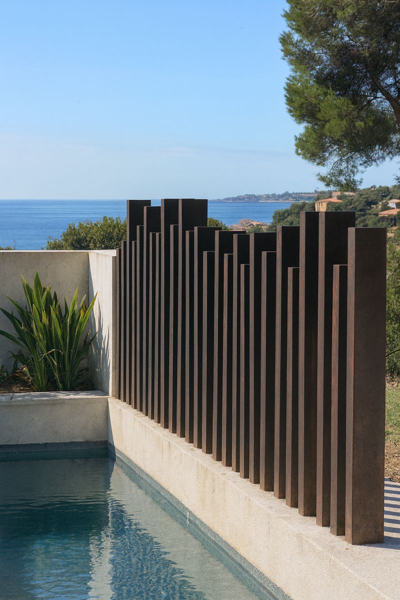 Haut de clôture métallique sur mesure au design moderne et luxueux, tubes ajourés en acier, réalisation originale à Carry-le-Rouet, ferronnerie et métallerie FIMSAI