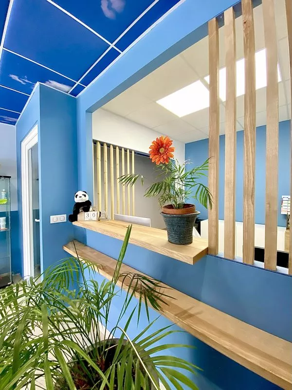 Agencement de local professionnel médical sur mesure en bois massif, séparation cloison/brise-vue vertical, tablette d’accueil et PMR en frêne, à Martigues, Bouches-du-Rhône, FIMSAI