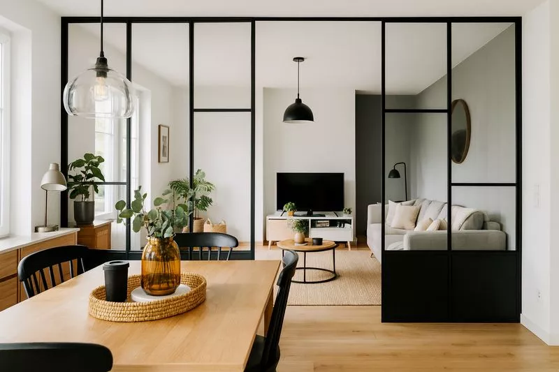 Châssis vitré en métal sur mesure, design verrière industrielle type atelier, séparation de pièce toute hauteur entre salle à manger et salon, originale, à Gardanne, Bouches-du-Rhône, ferronnerie et métallerie FIMSAI