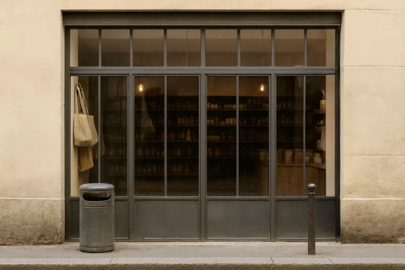 Vitrine de magasin professionnel sur mesure en acier et verre, devanture de boutique pour rue passante à Marseille, réalisée par la ferronnerie et métallerie FIMSAI