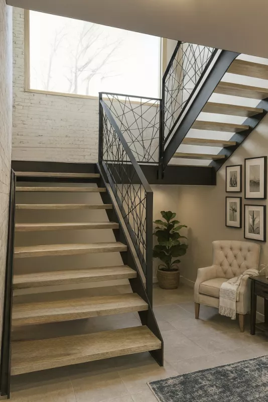 Escalier métallique magnifique demi-tournant, double limon, palier mi-hauteur, sur mesure en acier et bois de chêne massif, design avec garde-corps style Mikado, ferronnerie FIMSAI