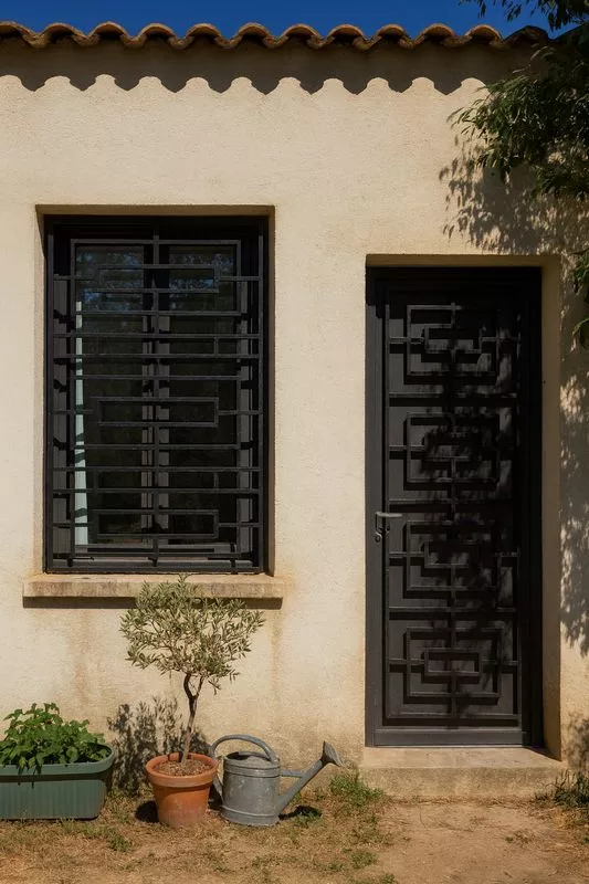 Grille de défense pour porte et fenêtre, originale, sur mesure en acier, moderne et aérée, design, à Saint-Mitre-les-Remparts, métallerie et ferronnerie FIMSAI