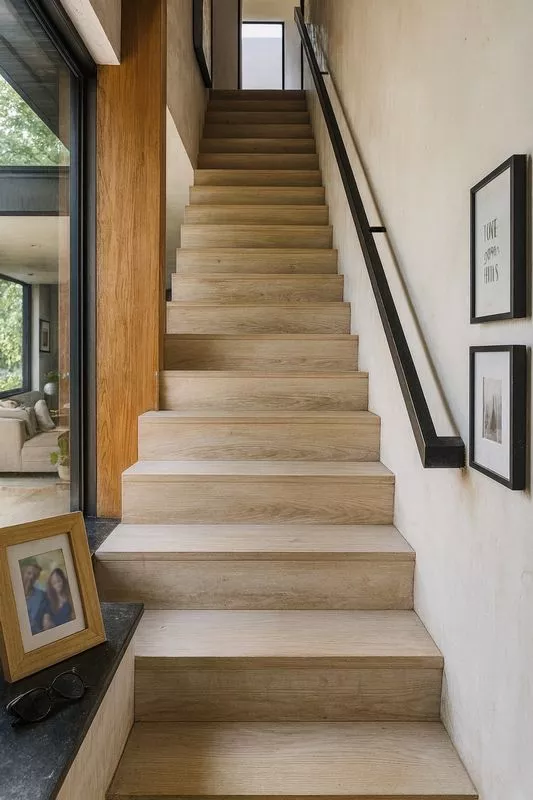 Main courante sur mesure en acier au design moderne et épuré en tube rectangulaire, avec barre, rampe et poignée murale pour escalier, réalisée par la ferronnerie et métallerie FIMSAI à Éguilles