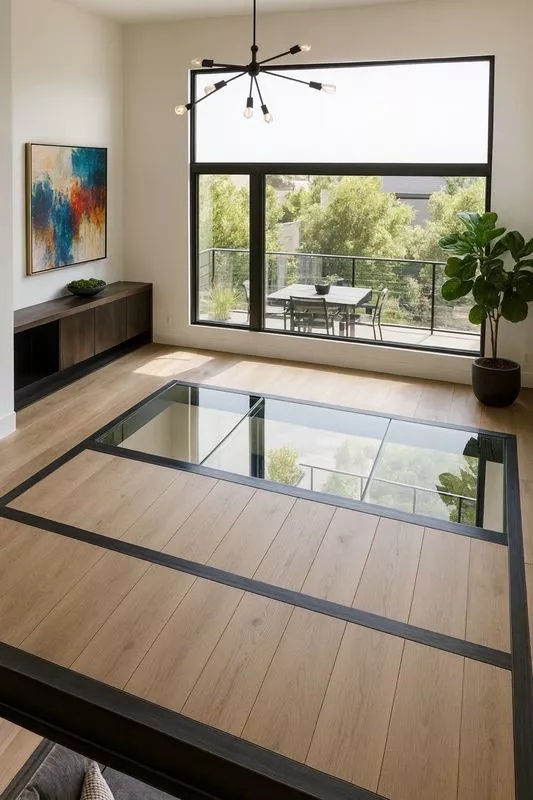 Mezzanine en métal avec dalle de sol en verre au design industriel sur mesure en acier, réalisée par la ferronnerie et métallerie FIMSAI à Ensuès-la-Redonne