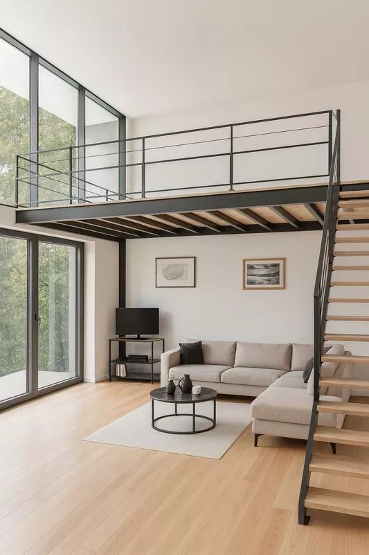 Mezzanine en métal au design industriel sur mesure en acier, réalisée par la ferronnerie et métallerie FIMSAI à Carry-le-Rouet