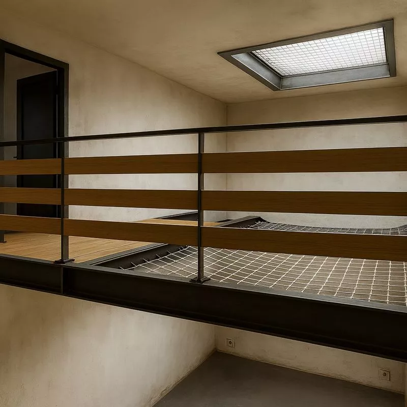 Passerelle de mezzanine sur mesure en métal et bois avec filet de mezzanine pour habitation, réalisée par la ferronnerie et métallerie FIMSAI à Callas, village de Cabriès.