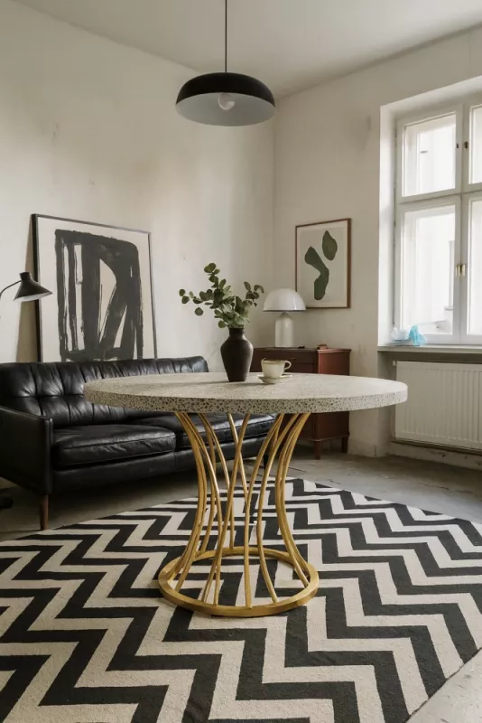 Pied de table design sur mesure en acier, original, tube métal moderne, plateau en terrazzo, à Saint-Pierre, Martigues, ferronnerie et métallerie FIMSAI