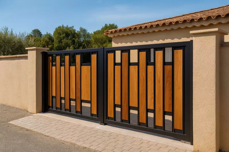 Magnifique portail sur mesure en acier et bois, design tôlé et bois aéré, moderne, battant ou coulissant, original, à Saint-Cyr-sur-Mer, Var