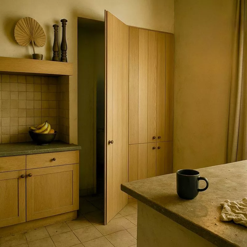 Porte dérobée invisible et secrète sur mesure en bois au design discret, dissimulée dans un placard de cuisine pour créer une pièce cachée ou panic room, réalisée par FIMSAI à Gardanne