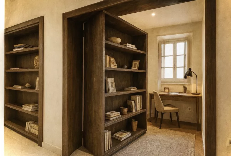 Porte dérobée invisible sur mesure en bois au design discret, dissimulée dans une bibliothèque pour créer une pièce cachée
