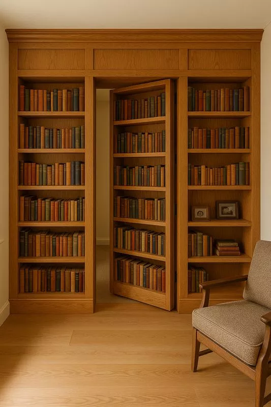 Porte dérobée invisible et secrète sur mesure en bois au design discret, dissimulée dans une bibliothèque pour créer une pièce cachée ou panic room, réalisée par FIMSAI à Fuveau