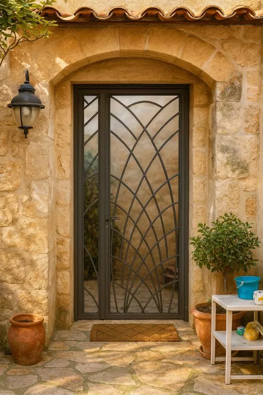 Porte d’entrée sur mesure en métal et verre, design en acier, vitrage ouvrant avec grille de défense, porte vitrée moderne intégrée, originale, 3 points, à Fos-sur-Mer, FIMSAI, ferronnerie et métallerie