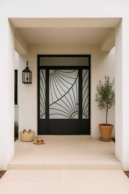 Porte d’entrée de luxe sur mesure en métal et verre dépoli, design en acier, vitrage ouvrant avec grille de défense et moustiquaire, porte vitrée moderne intégrée, originale, 3 points, à Carry-le-Rouet, FIMSAI, ferronnerie et métallerie