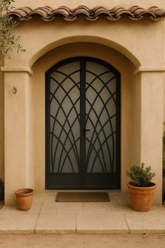 Porte d’entrée cintrée sur mesure en métal et verre dépoli, design en acier, vitrage ouvrant avec grille de défense, porte vitrée moderne arrondie, originale, 3 points, FIMSAI, ferronnerie et métallerie