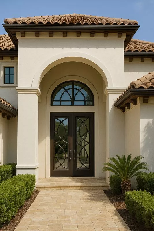 Porte d’entrée sécurisée sur mesure en métal et verre, design avec imposte en acier, luxe, vitrage anti-effraction, originale, seuil automatique, ferronnerie et métallerie FIMSAI