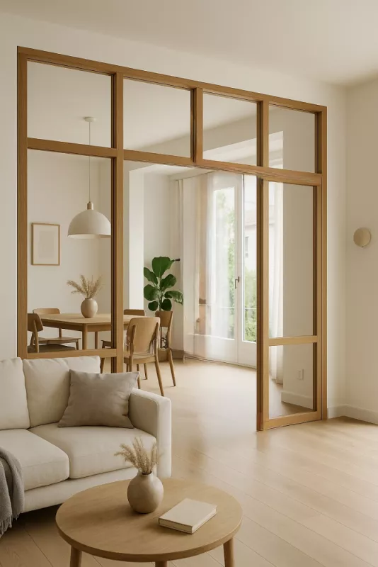 Verrière en bois sur mesure au design original et moderne, cloison de séparation de pièce toute hauteur en chêne et vitrage, réalisée par FIMSAI à Mimet