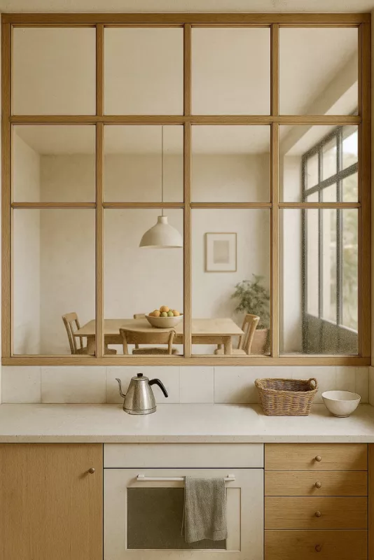 Verrière en bois sur mesure au design original et moderne, cloison de séparation de pièce en chêne et vitrage, réalisée par FIMSAI à Martigues (La Couronne)