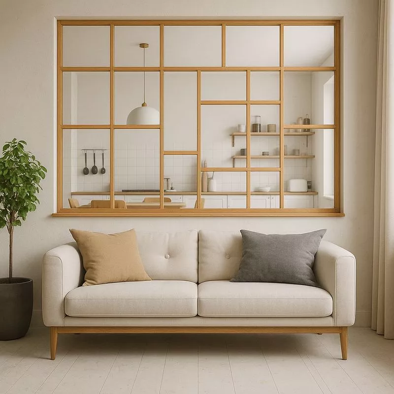 Verrière en bois sur mesure au design original et moderne, cloison de séparation de pièce en chêne et vitrage, réalisée par FIMSAI à Meyreuil