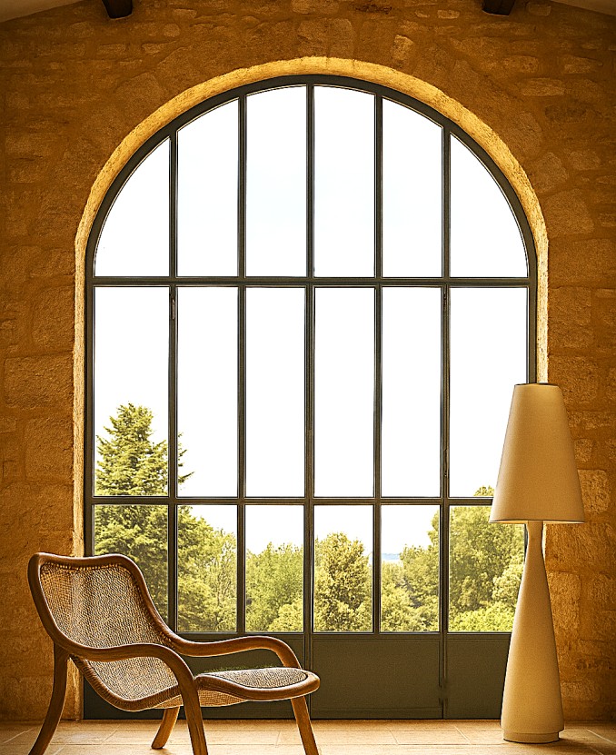 Châssis métallique sur mesure avec vitre fixe, style verrière d’atelier en acier design, fenêtre thermolaquée haut de gamme sur façade à Ensuès-la-Redonne (Bouches-du-Rhône), réalisation de ferronnerie et métallerie FIMSAI
